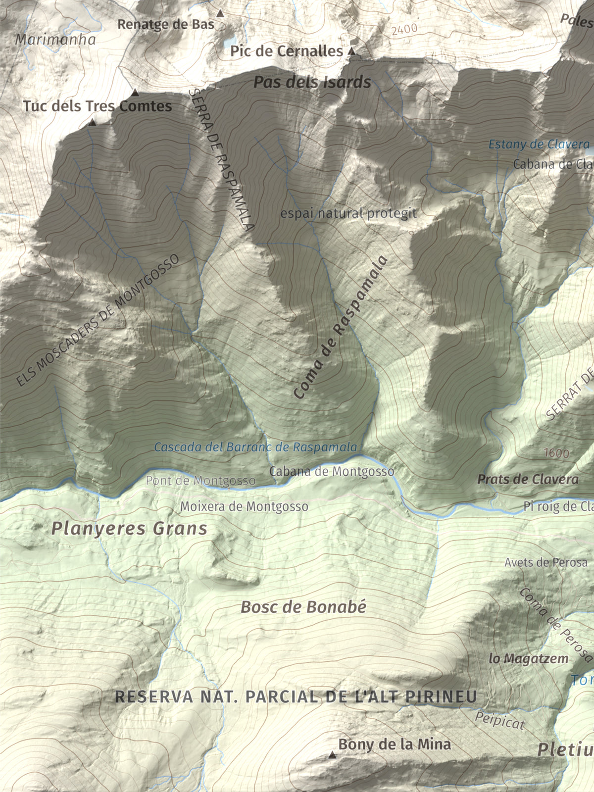 Mapa de relieve de Pic de Clavera, 2721 m, Pallars Sobirà, lámina 100 Cims de Trobart. Detalle de la zona inferior izquierda. 30 × 40 cm.