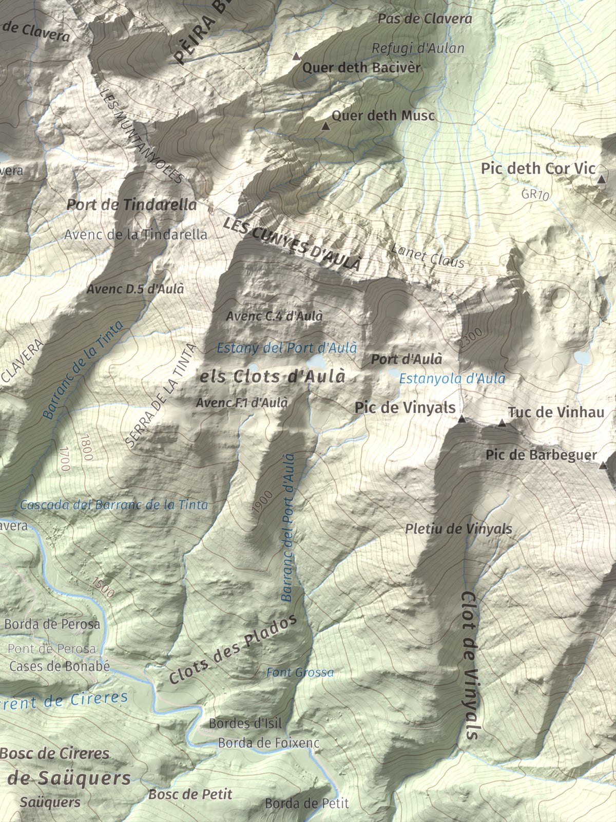 Mapa de relieve de Pic de Clavera, 2721 m, Pallars Sobirà, lámina 100 Cims de Trobart. Detalle de la zona inferior derecha. 30 × 40 cm.