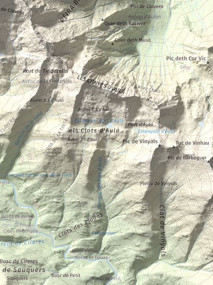 Mapa de relieve de Pic de Clavera, 2721 m, Pallars Sobirà, lámina 100 Cims de Trobart. Detalle de la zona inferior derecha. 30 × 40 cm.
