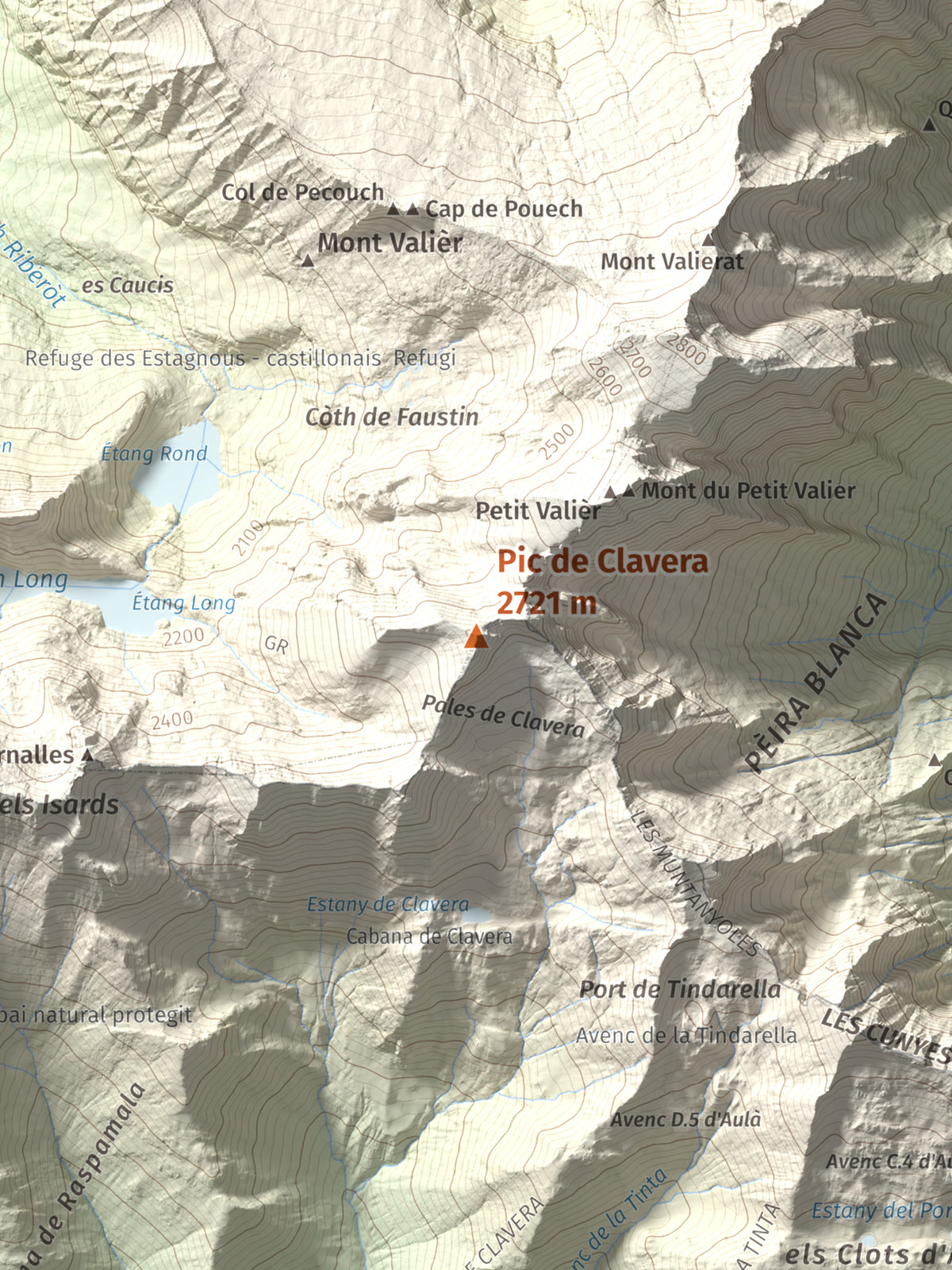 Mapa de relieve de Pic de Clavera, 2721 m, Pallars Sobirà, lámina 100 Cims de Trobart. Detalle de la zona central. 30 × 40 cm.