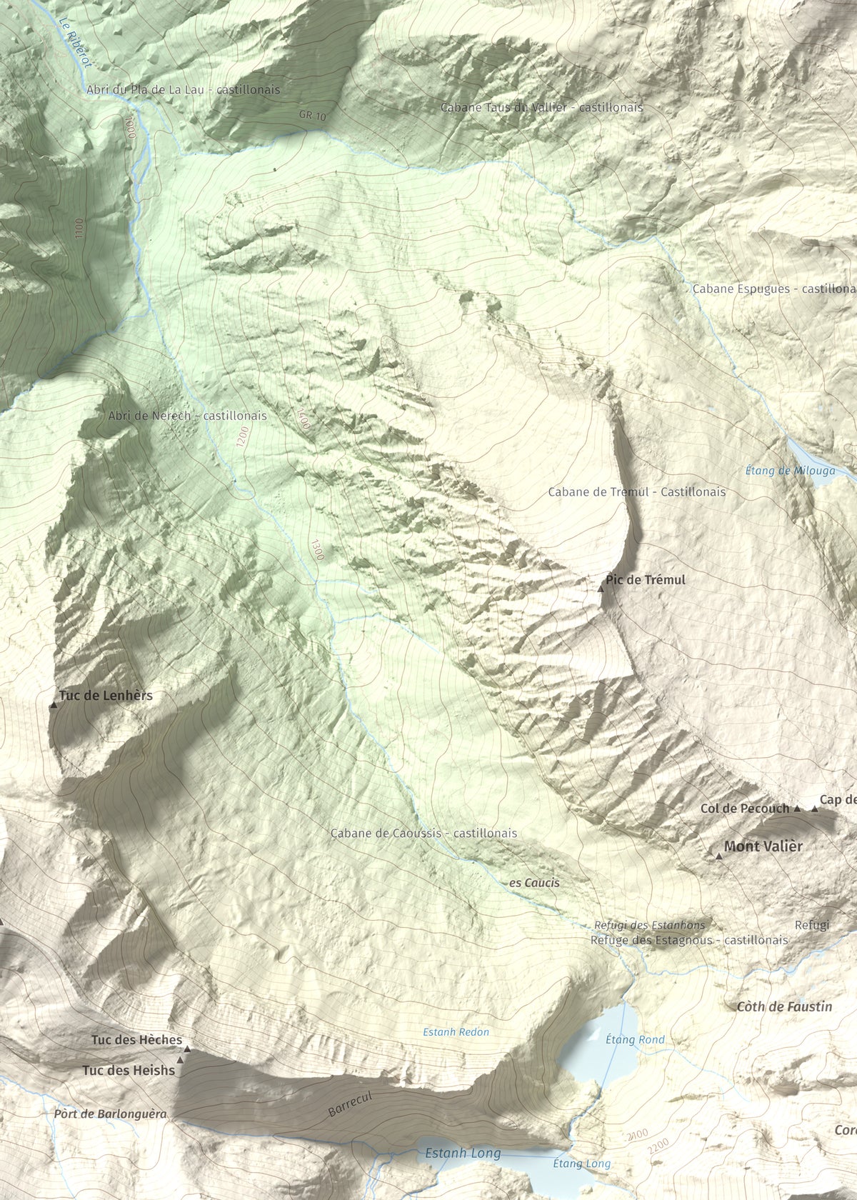 Mapa de relieve de Pic de Clavera, 2721 m, Pallars Sobirà, lámina 100 Cims de Trobart. Detalle de la zona superior izquierda. 50 × 70 cm.