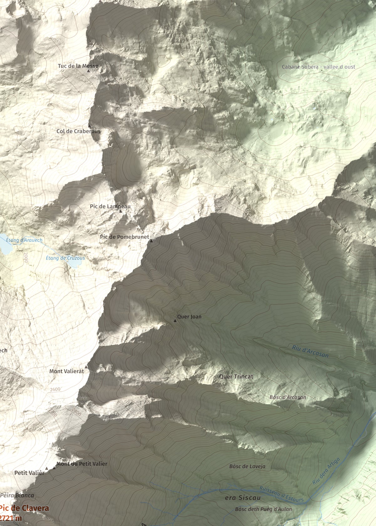Mapa de relieve de Pic de Clavera, 2721 m, Pallars Sobirà, lámina 100 Cims de Trobart. Detalle de la zona superior derecha. 50 × 70 cm.