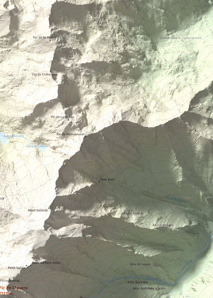 Mapa de relieve de Pic de Clavera, 2721 m, Pallars Sobirà, lámina 100 Cims de Trobart. Detalle de la zona superior derecha. 50 × 70 cm.