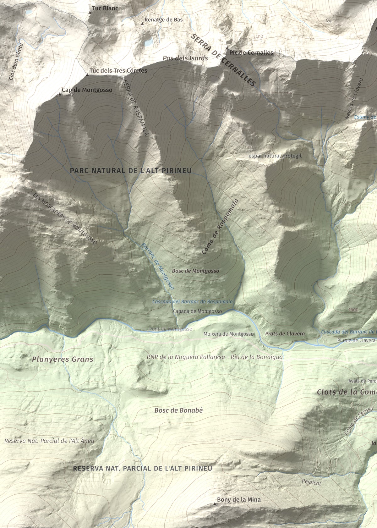 Mapa de relieve de Pic de Clavera, 2721 m, Pallars Sobirà, lámina 100 Cims de Trobart. Detalle de la zona inferior izquierda. 50 × 70 cm.