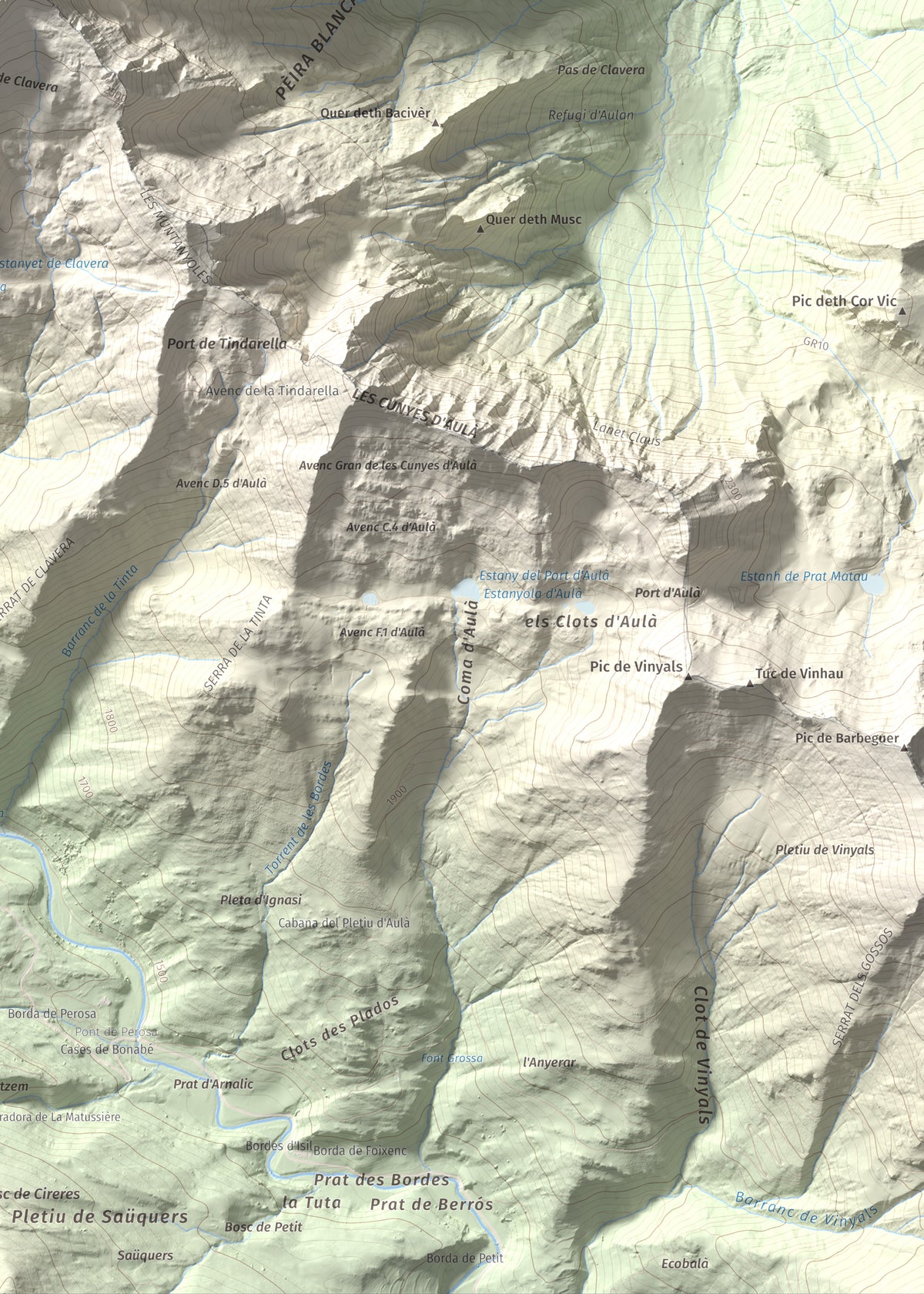 Mapa de relieve de Pic de Clavera, 2721 m, Pallars Sobirà, lámina 100 Cims de Trobart. Detalle de la zona inferior derecha. 50 × 70 cm.