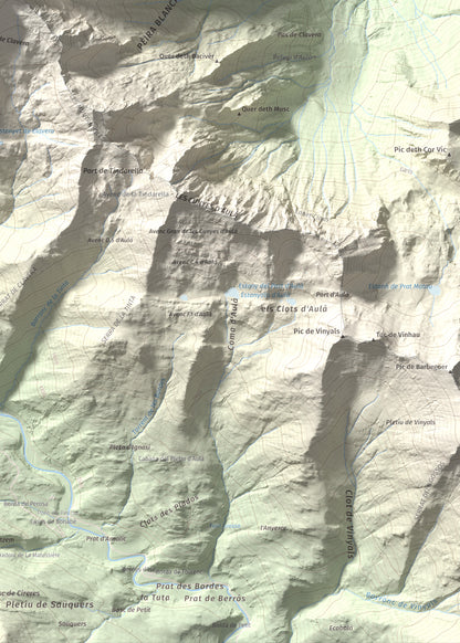 Mapa de relieve de Pic de Clavera, 2721 m, Pallars Sobirà, lámina 100 Cims de Trobart. Detalle de la zona inferior derecha. 50 × 70 cm.