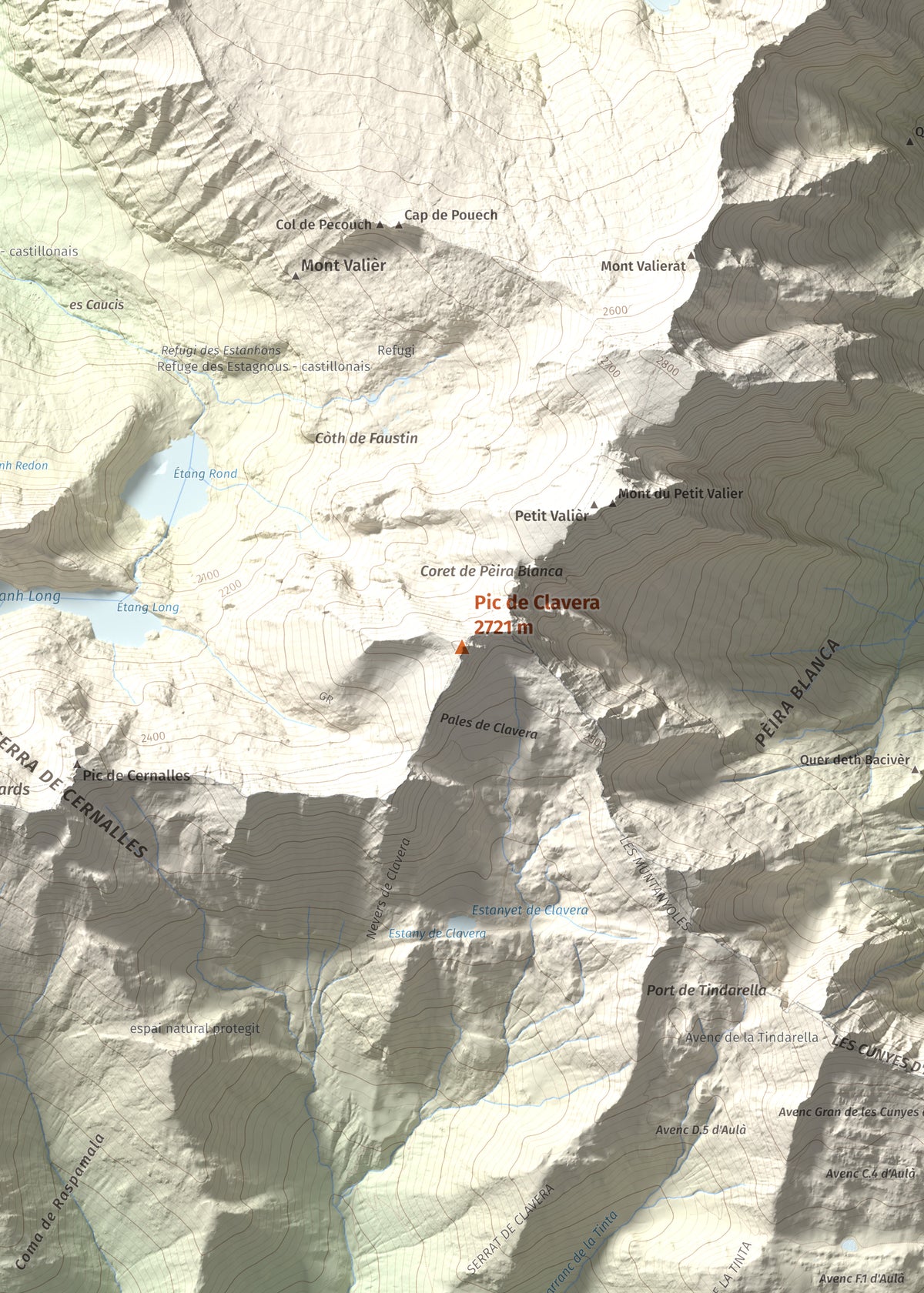 Mapa de relieve de Pic de Clavera, 2721 m, Pallars Sobirà, lámina 100 Cims de Trobart. Detalle de la zona central. 50 × 70 cm.