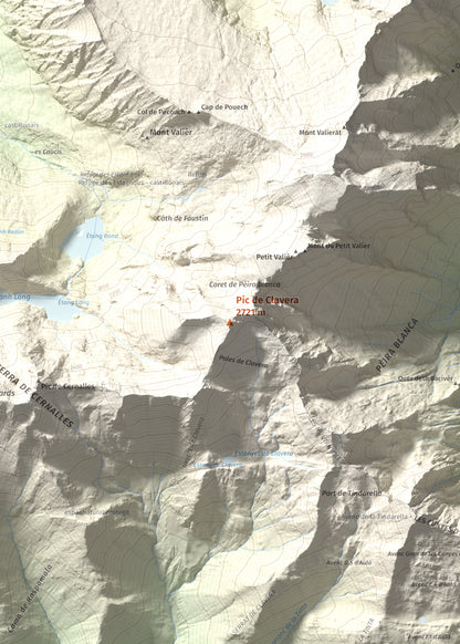 Mapa de relieve de Pic de Clavera, 2721 m, Pallars Sobirà, lámina 100 Cims de Trobart. Detalle de la zona central. 50 × 70 cm.