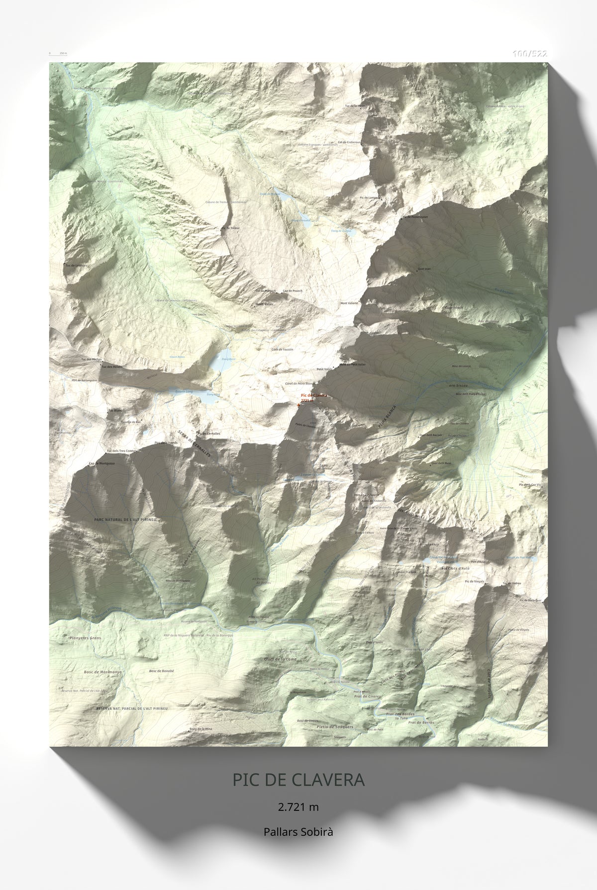 Mapa de relieve de Pic de Clavera, 2721 m, Pallars Sobirà, lámina 100 Cims de Trobart 61 × 91 cm.
