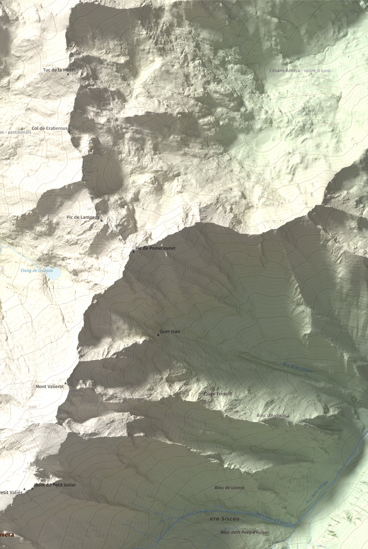 Mapa de relieve de Pic de Clavera, 2721 m, Pallars Sobirà, lámina 100 Cims de Trobart. Detalle de la zona superior derecha. 61 × 91 cm.