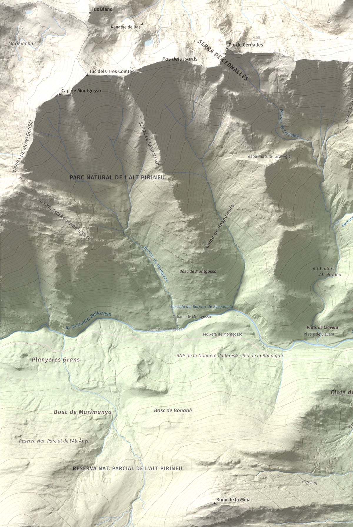 Mapa de relieve de Pic de Clavera, 2721 m, Pallars Sobirà, lámina 100 Cims de Trobart. Detalle de la zona inferior izquierda. 61 × 91 cm.