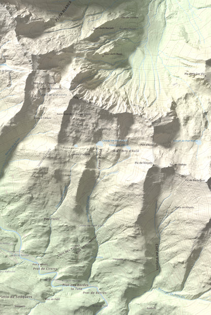 Mapa de relieve de Pic de Clavera, 2721 m, Pallars Sobirà, lámina 100 Cims de Trobart. Detalle de la zona inferior derecha. 61 × 91 cm.