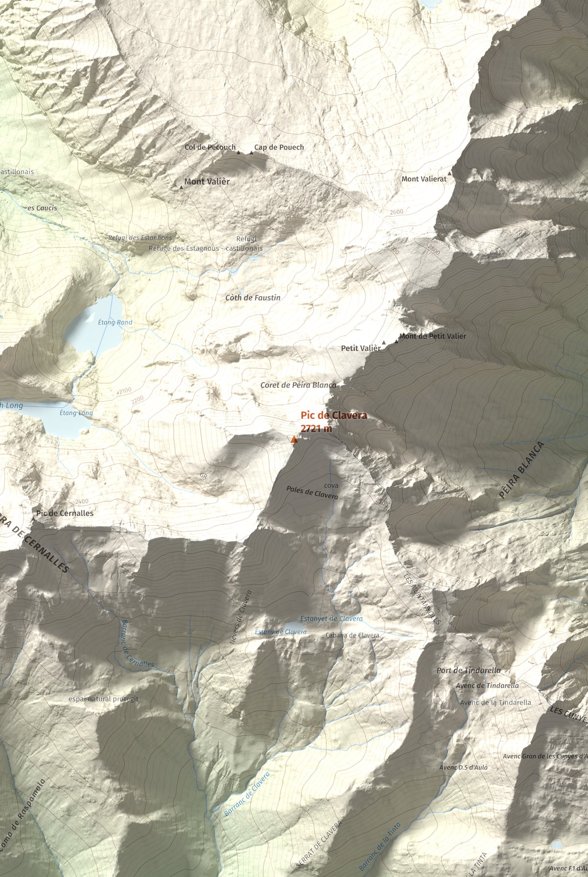 Mapa de relieve de Pic de Clavera, 2721 m, Pallars Sobirà, lámina 100 Cims de Trobart. Detalle de la zona central. 61 × 91 cm.