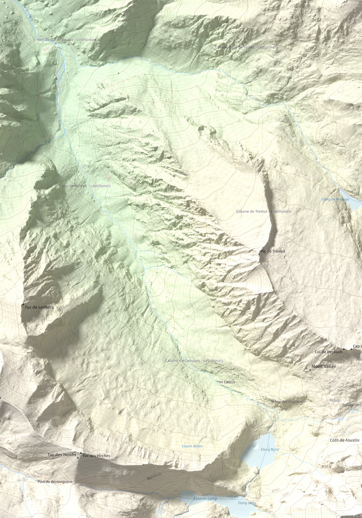 Mapa de relieve de Pic de Clavera, 2721 m, Pallars Sobirà, lámina 100 Cims de Trobart. Detalle de la zona superior izquierda. 70 × 100 cm.