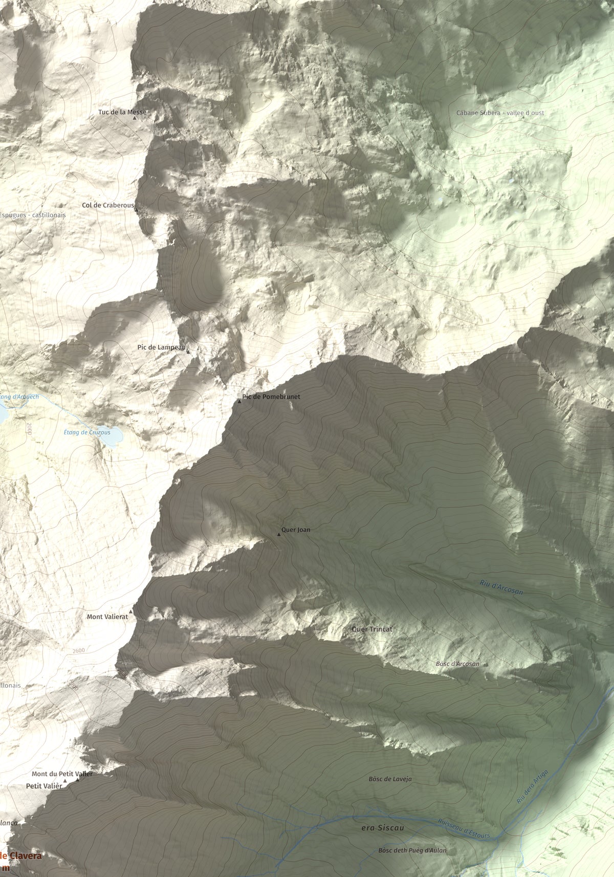 Mapa de relieve de Pic de Clavera, 2721 m, Pallars Sobirà, lámina 100 Cims de Trobart. Detalle de la zona superior derecha. 70 × 100 cm.