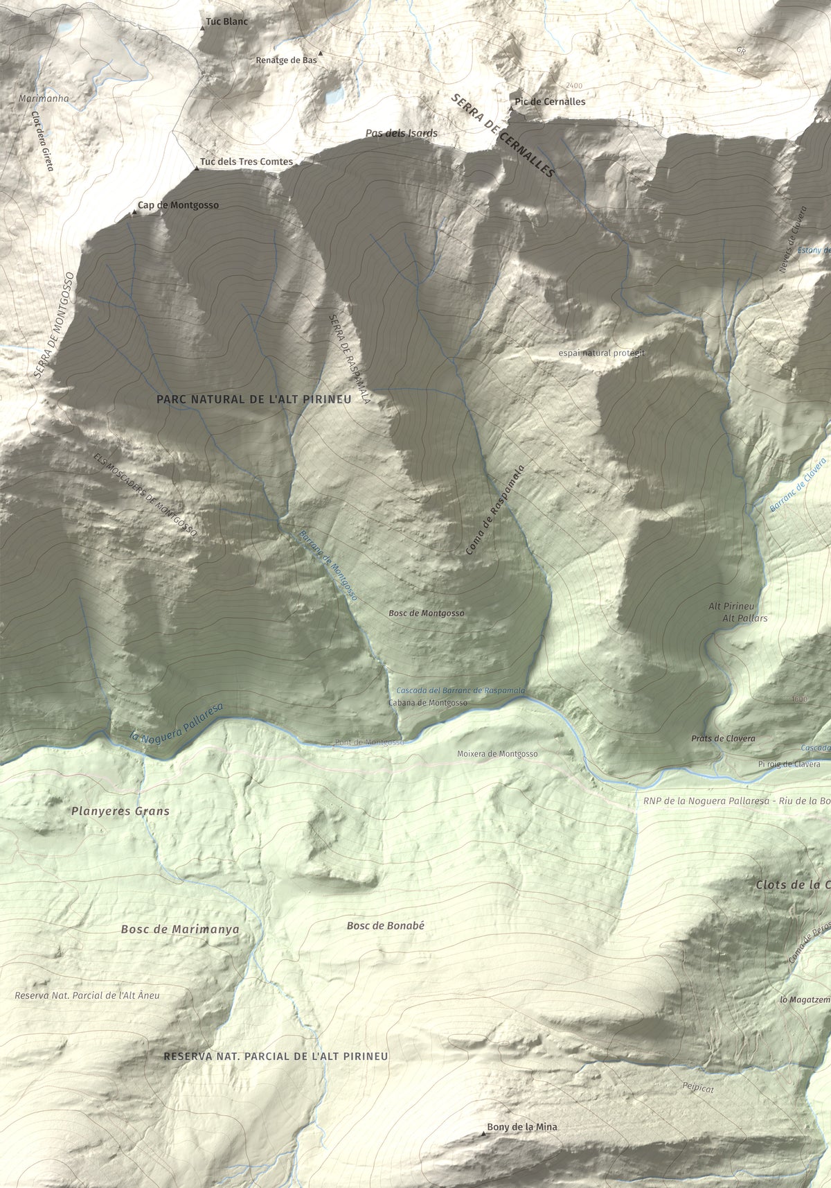 Mapa de relieve de Pic de Clavera, 2721 m, Pallars Sobirà, lámina 100 Cims de Trobart. Detalle de la zona inferior izquierda. 70 × 100 cm.