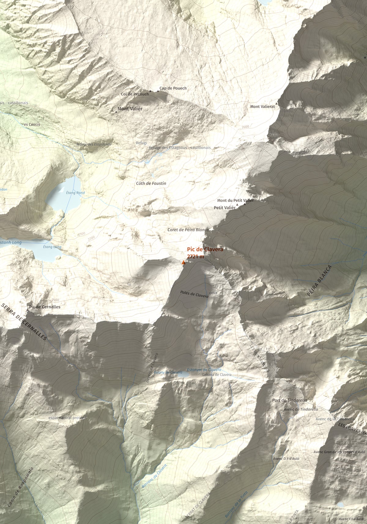 Mapa de relieve de Pic de Clavera, 2721 m, Pallars Sobirà, lámina 100 Cims de Trobart. Detalle de la zona central. 70 × 100 cm.