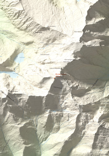Mapa de relieve de Pic de Clavera, 2721 m, Pallars Sobirà, lámina 100 Cims de Trobart. Detalle de la zona central. 70 × 100 cm.