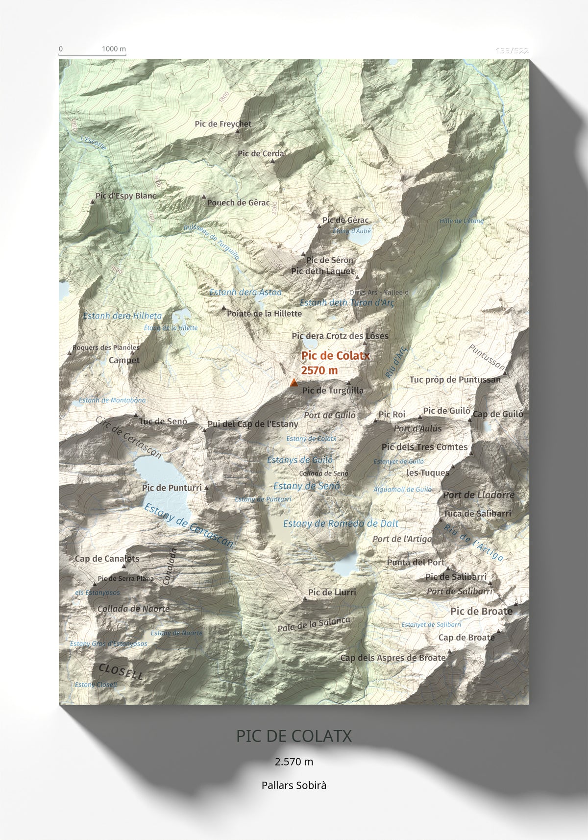 Mapa de relieve de Pic de Colatx, 2570 m, Pallars Sobirà, lámina 100 Cims de Trobart 21 × 30 cm.
