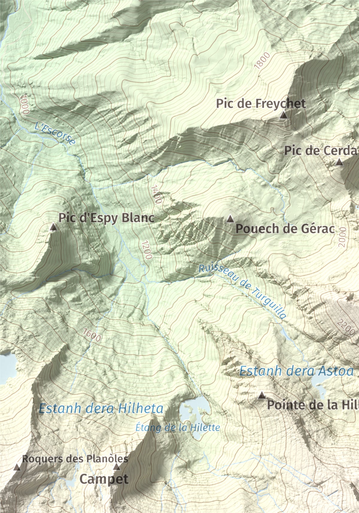 Mapa de relieve de Pic de Colatx, 2570 m, Pallars Sobirà, lámina 100 Cims de Trobart. Detalle de la zona superior izquierda. 21 × 30 cm.