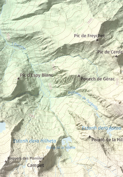 Mapa de relieve de Pic de Colatx, 2570 m, Pallars Sobirà, lámina 100 Cims de Trobart. Detalle de la zona superior izquierda. 21 × 30 cm.