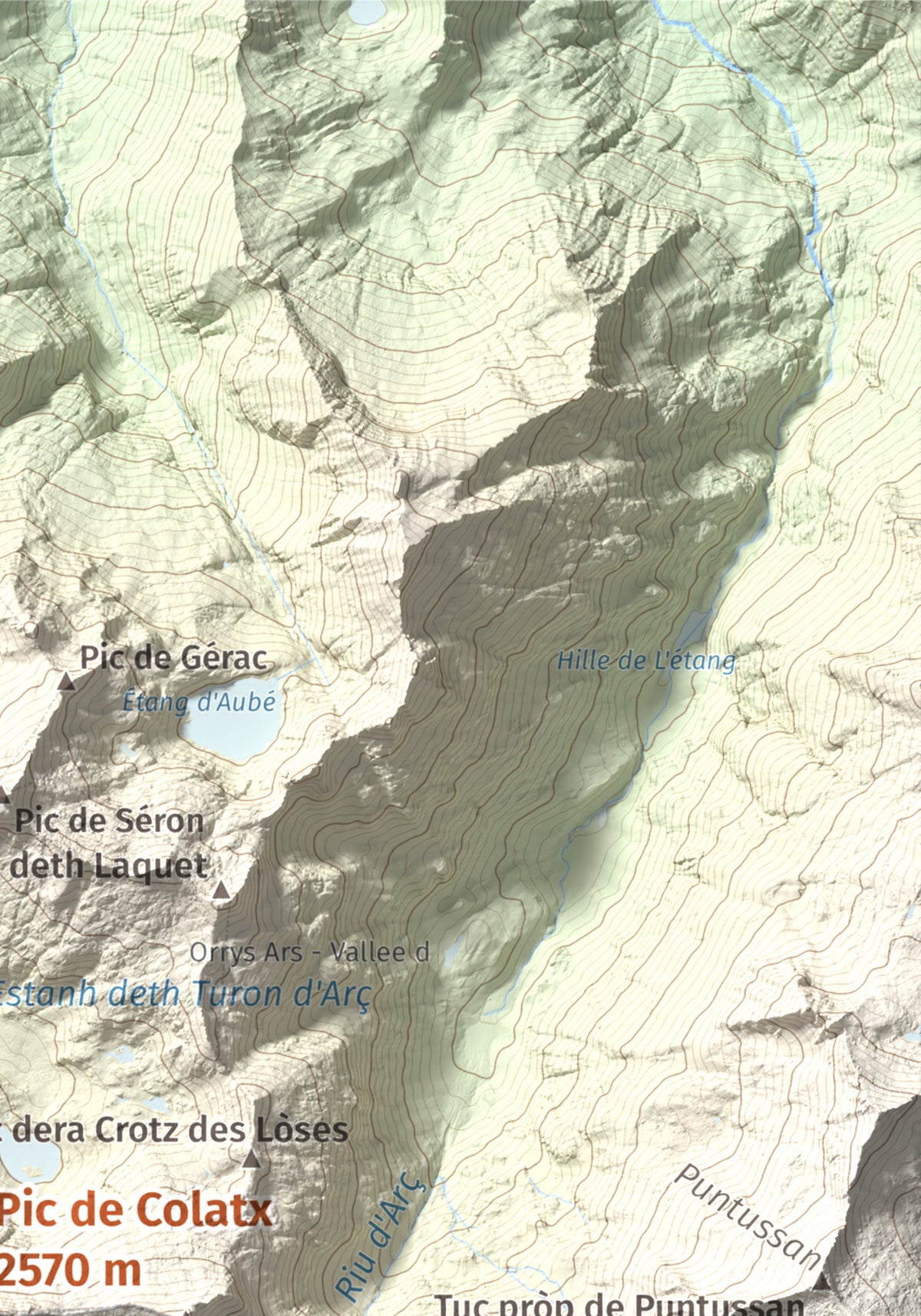 Mapa de relieve de Pic de Colatx, 2570 m, Pallars Sobirà, lámina 100 Cims de Trobart. Detalle de la zona superior derecha. 21 × 30 cm.