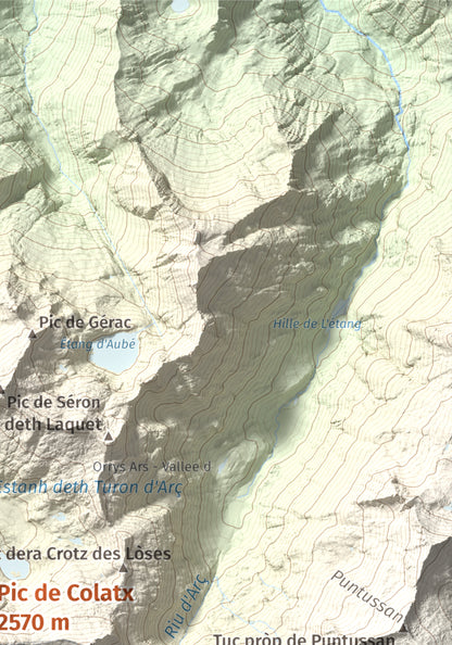 Mapa de relieve de Pic de Colatx, 2570 m, Pallars Sobirà, lámina 100 Cims de Trobart. Detalle de la zona superior derecha. 21 × 30 cm.