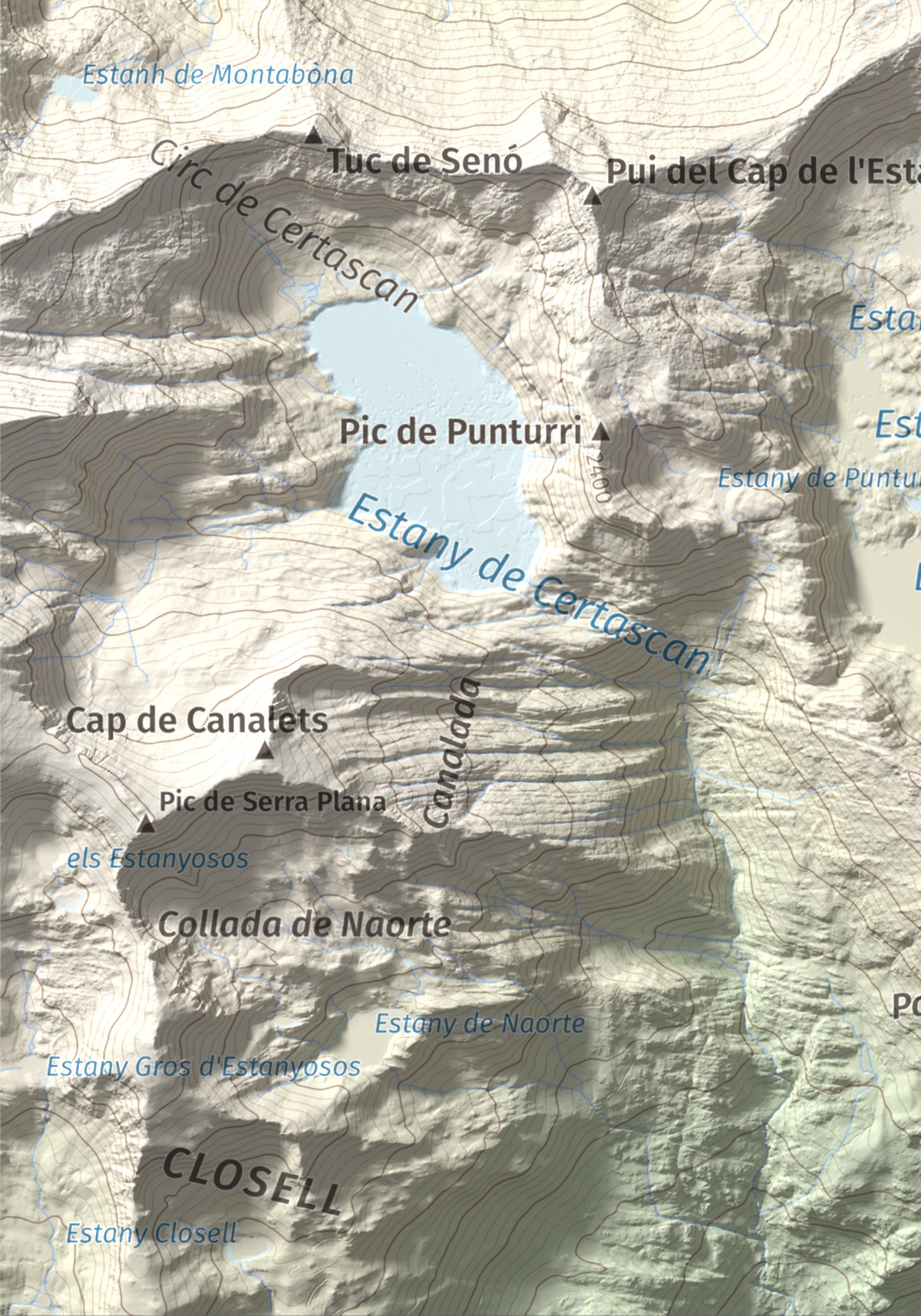 Mapa de relieve de Pic de Colatx, 2570 m, Pallars Sobirà, lámina 100 Cims de Trobart. Detalle de la zona inferior izquierda. 21 × 30 cm.