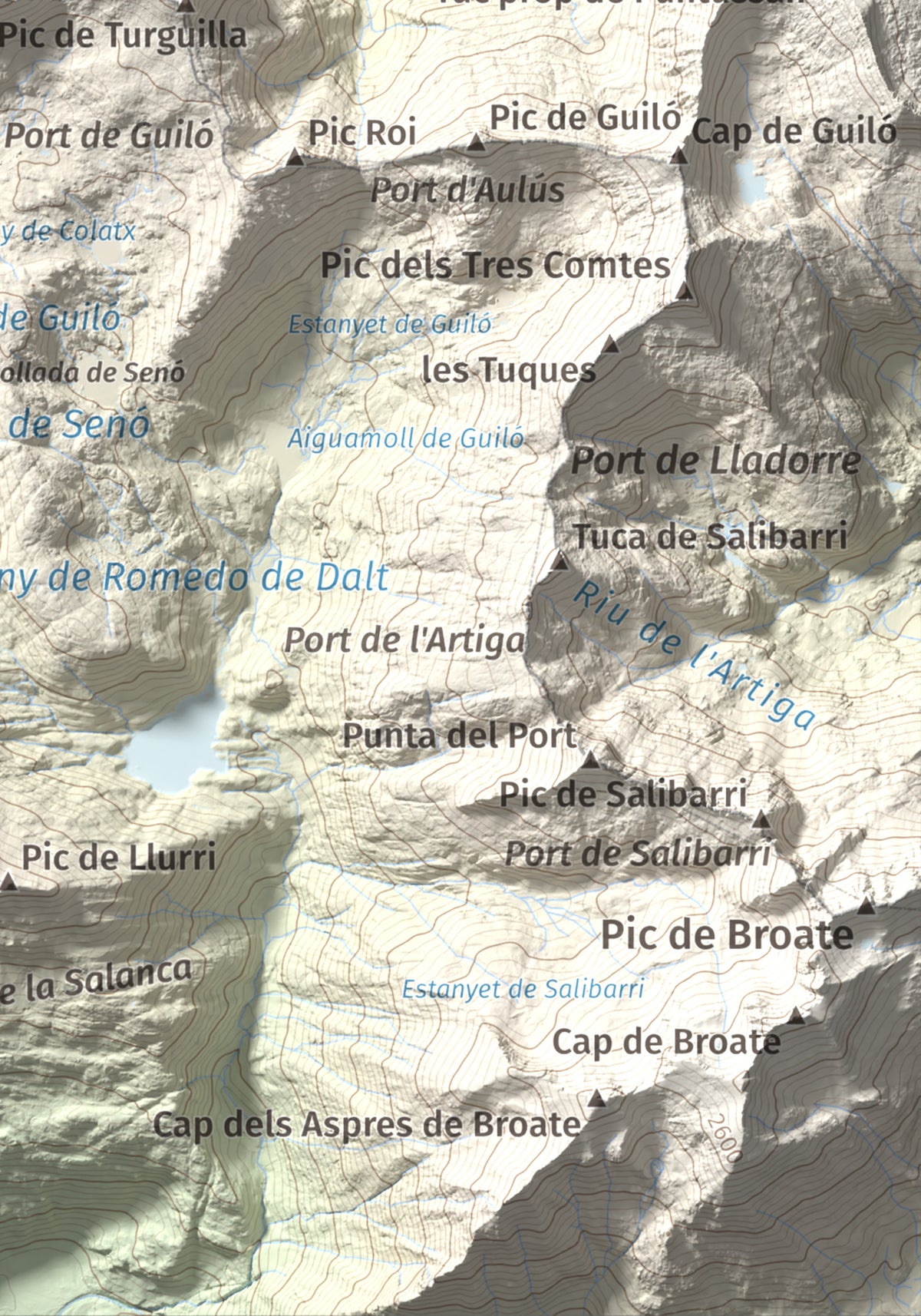 Mapa de relieve de Pic de Colatx, 2570 m, Pallars Sobirà, lámina 100 Cims de Trobart. Detalle de la zona inferior derecha. 21 × 30 cm.