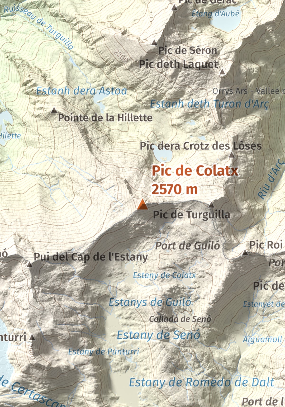 Mapa de relieve de Pic de Colatx, 2570 m, Pallars Sobirà, lámina 100 Cims de Trobart. Detalle de la zona central. 21 × 30 cm.