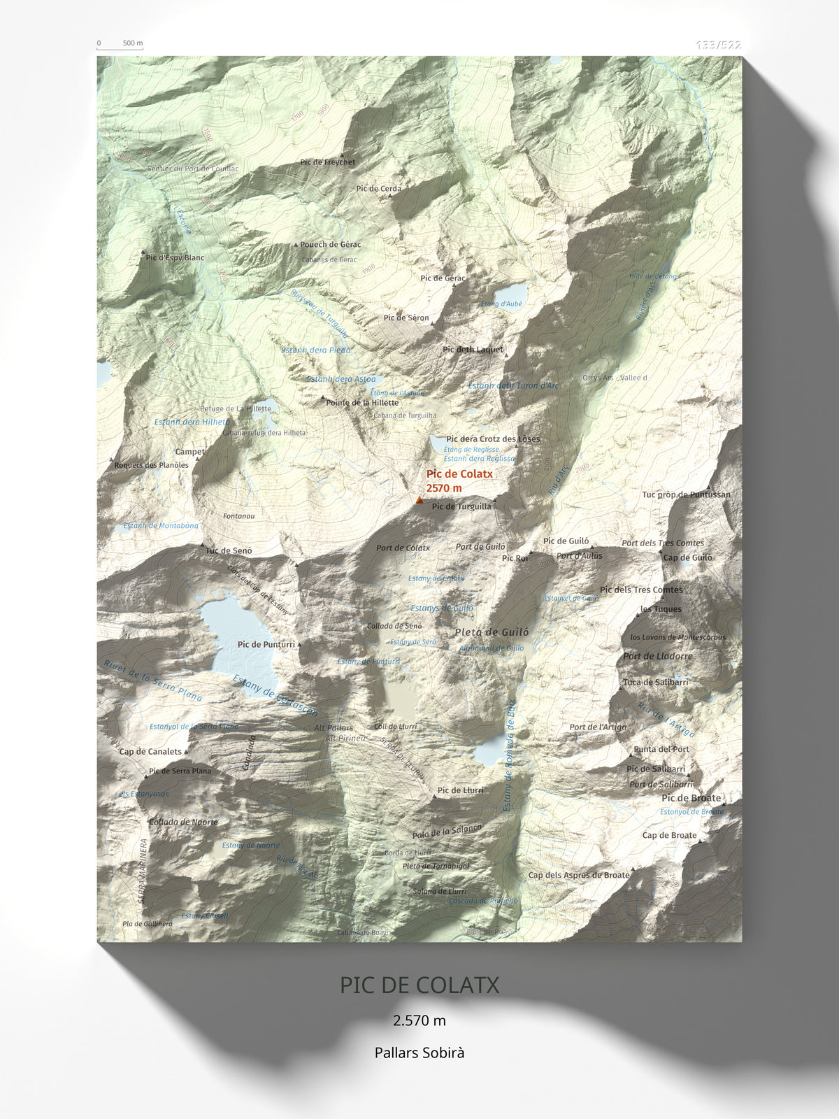 Mapa de relieve de Pic de Colatx, 2570 m, Pallars Sobirà, lámina 100 Cims de Trobart 30 × 40 cm.