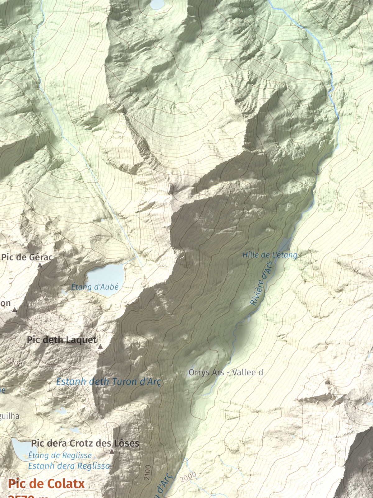 Mapa de relieve de Pic de Colatx, 2570 m, Pallars Sobirà, lámina 100 Cims de Trobart. Detalle de la zona superior derecha. 30 × 40 cm.