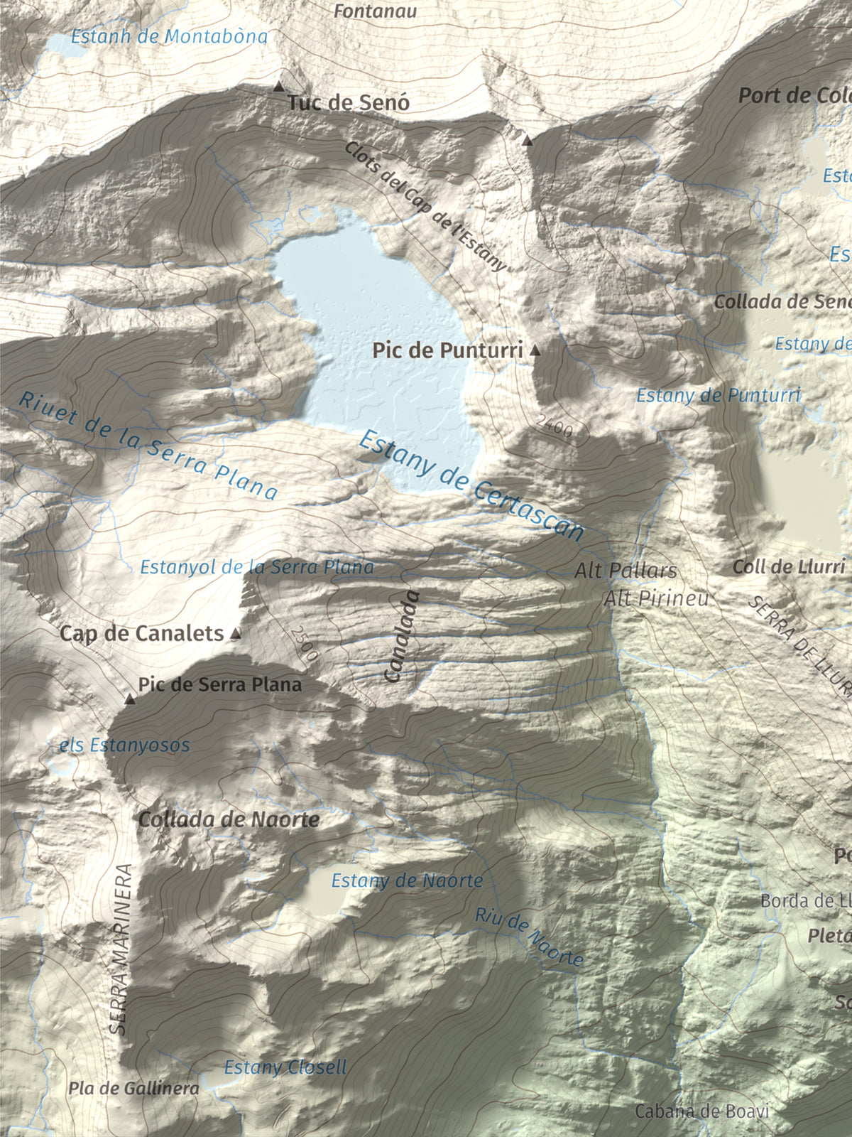 Mapa de relieve de Pic de Colatx, 2570 m, Pallars Sobirà, lámina 100 Cims de Trobart. Detalle de la zona inferior izquierda. 30 × 40 cm.