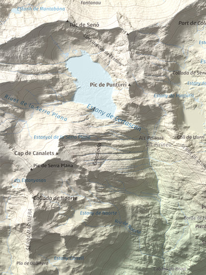 Mapa de relieve de Pic de Colatx, 2570 m, Pallars Sobirà, lámina 100 Cims de Trobart. Detalle de la zona inferior izquierda. 30 × 40 cm.