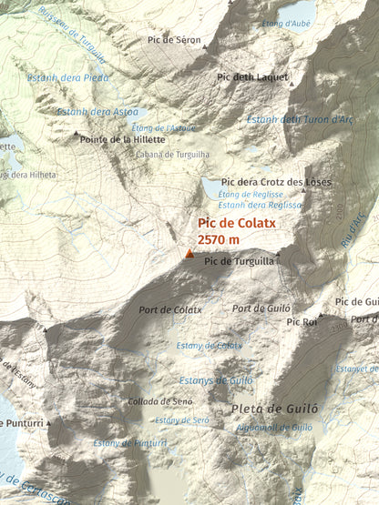 Mapa de relieve de Pic de Colatx, 2570 m, Pallars Sobirà, lámina 100 Cims de Trobart. Detalle de la zona central. 30 × 40 cm.