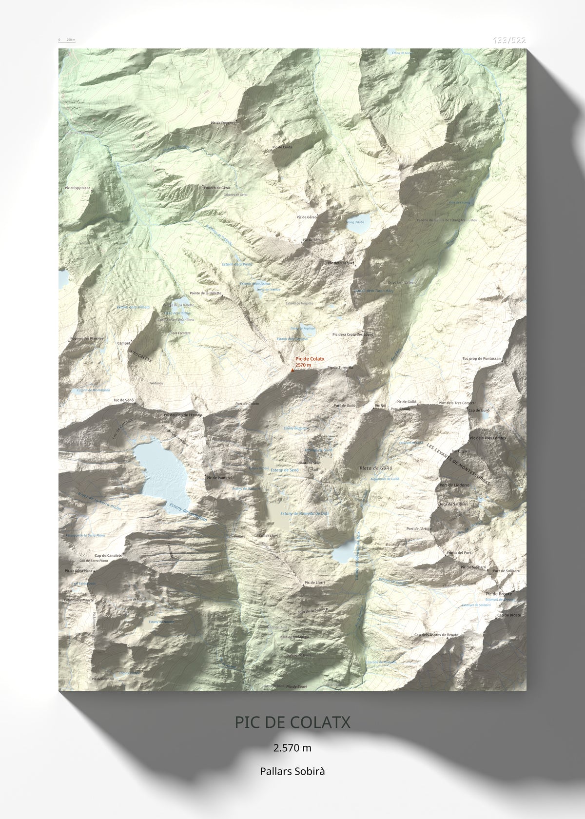 Mapa de relieve de Pic de Colatx, 2570 m, Pallars Sobirà, lámina 100 Cims de Trobart 50 × 70 cm.