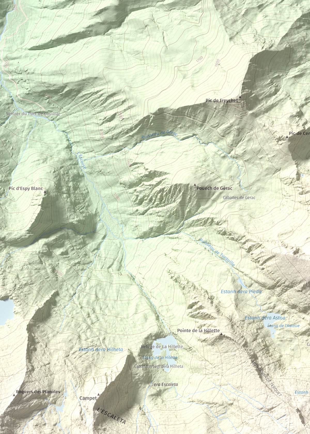 Mapa de relieve de Pic de Colatx, 2570 m, Pallars Sobirà, lámina 100 Cims de Trobart. Detalle de la zona superior izquierda. 50 × 70 cm.