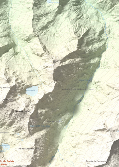 Mapa de relieve de Pic de Colatx, 2570 m, Pallars Sobirà, lámina 100 Cims de Trobart. Detalle de la zona superior derecha. 50 × 70 cm.