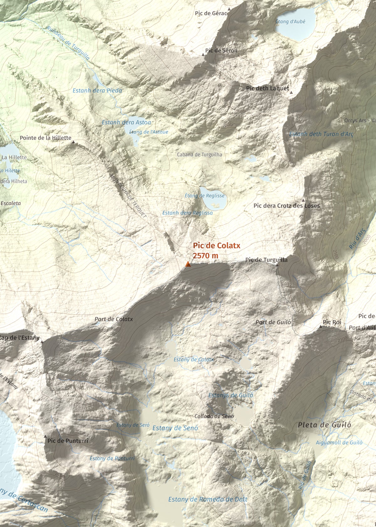 Mapa de relieve de Pic de Colatx, 2570 m, Pallars Sobirà, lámina 100 Cims de Trobart. Detalle de la zona central. 50 × 70 cm.