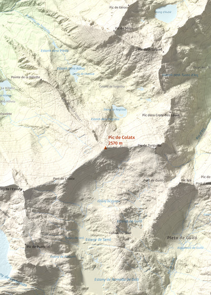Mapa de relieve de Pic de Colatx, 2570 m, Pallars Sobirà, lámina 100 Cims de Trobart. Detalle de la zona central. 50 × 70 cm.