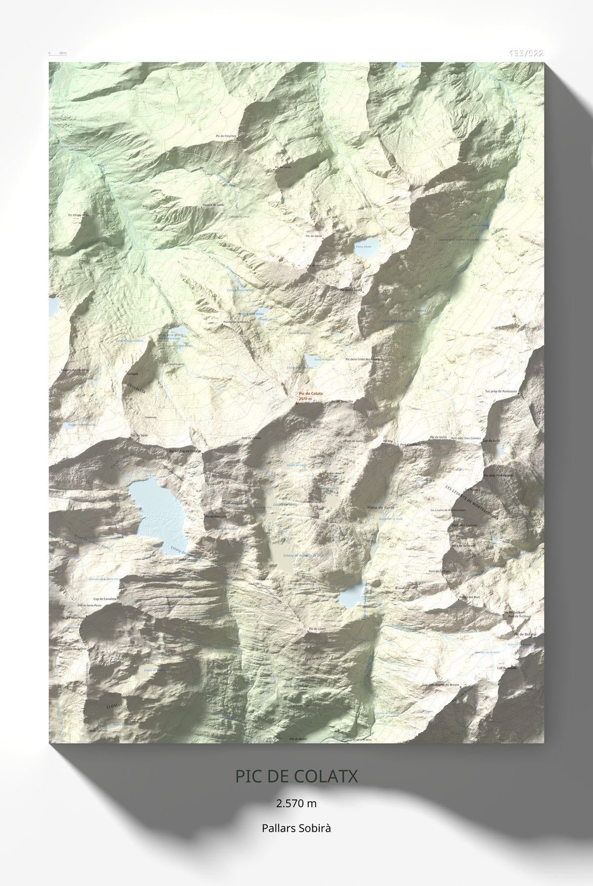 Mapa de relieve de Pic de Colatx, 2570 m, Pallars Sobirà, lámina 100 Cims de Trobart 61 × 91 cm.