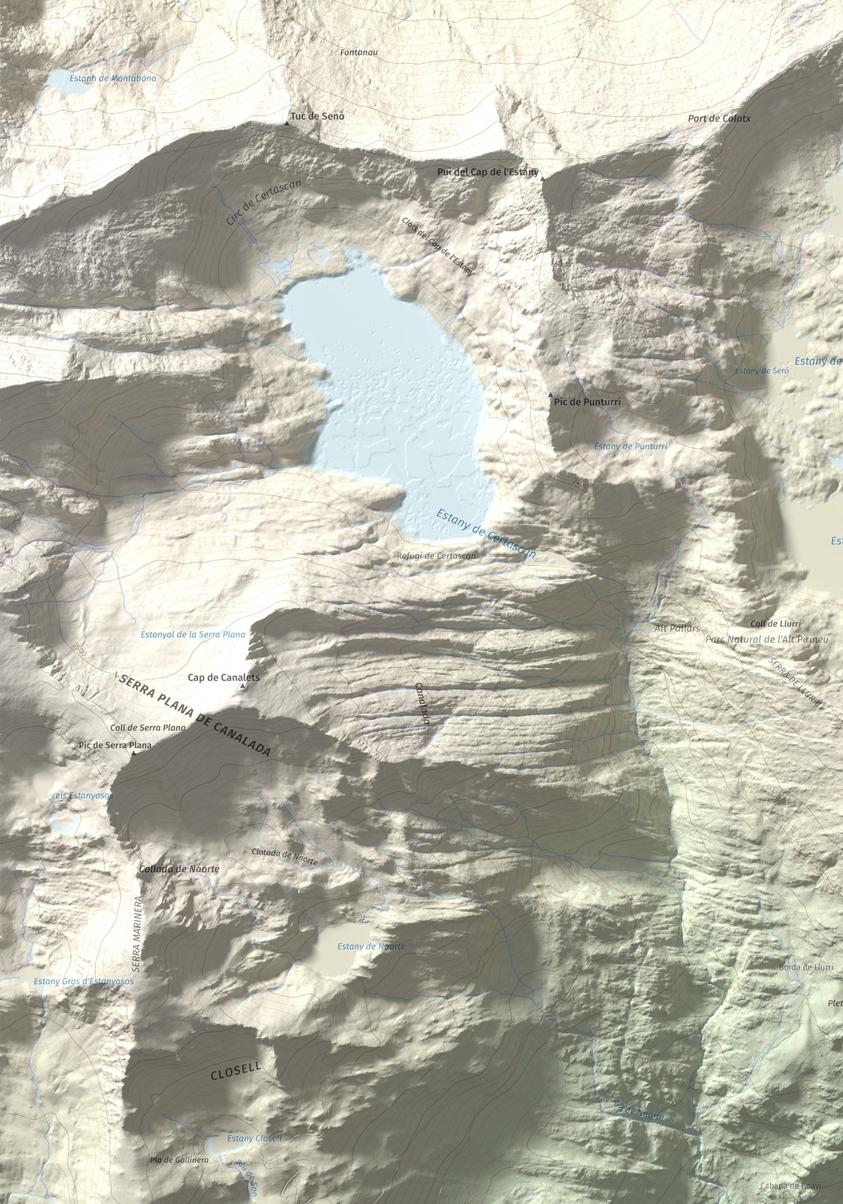 Mapa de relieve de Pic de Colatx, 2570 m, Pallars Sobirà, lámina 100 Cims de Trobart. Detalle de la zona inferior izquierda. 70 × 100 cm.