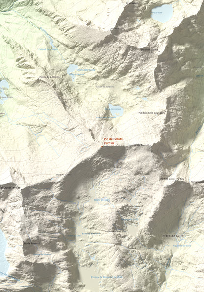 Mapa de relieve de Pic de Colatx, 2570 m, Pallars Sobirà, lámina 100 Cims de Trobart. Detalle de la zona central. 70 × 100 cm.