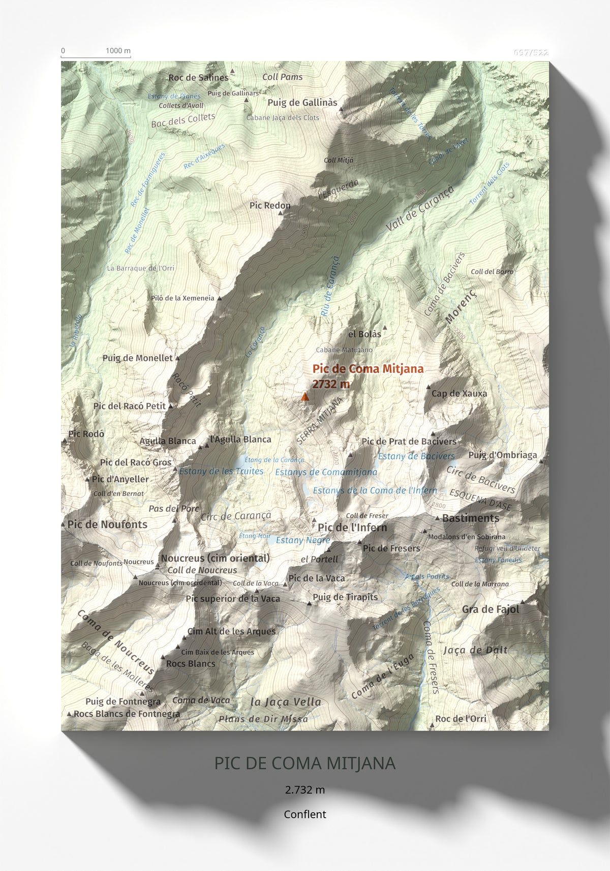 Mapa de relieve de Pic de Coma Mitjana, 2732 m, Conflent, lámina 100 Cims de Trobart 21 × 30 cm.