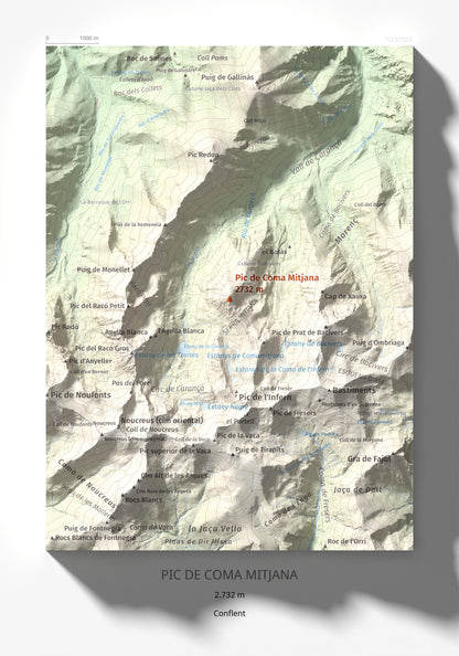 Mapa de relieve de Pic de Coma Mitjana, 2732 m, Conflent, lámina 100 Cims de Trobart 21 × 30 cm.