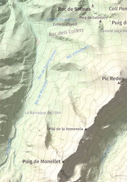 Mapa de relieve de Pic de Coma Mitjana, 2732 m, Conflent, lámina 100 Cims de Trobart. Detalle de la zona superior izquierda. 21 × 30 cm.