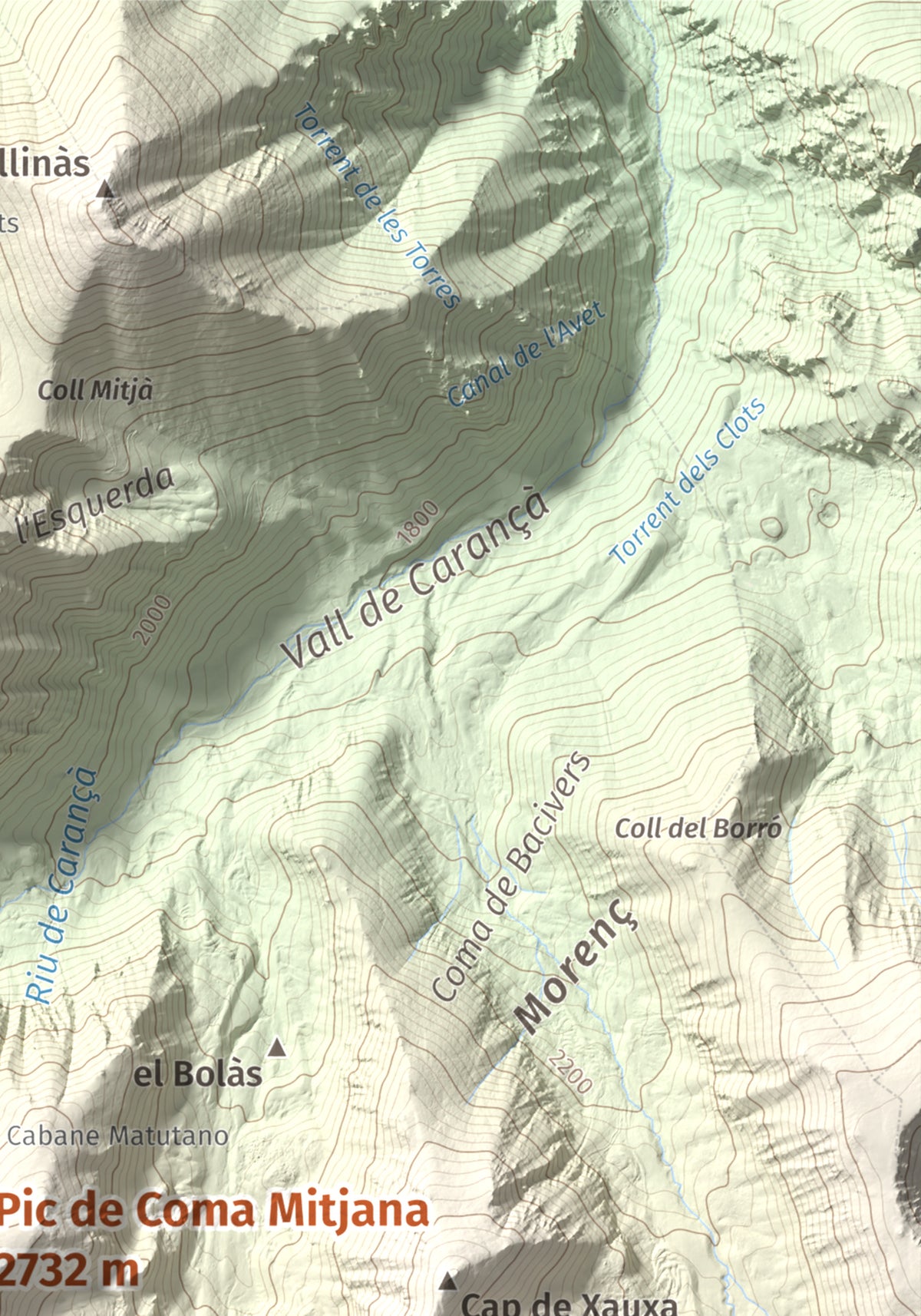 Mapa de relieve de Pic de Coma Mitjana, 2732 m, Conflent, lámina 100 Cims de Trobart. Detalle de la zona superior derecha. 21 × 30 cm.