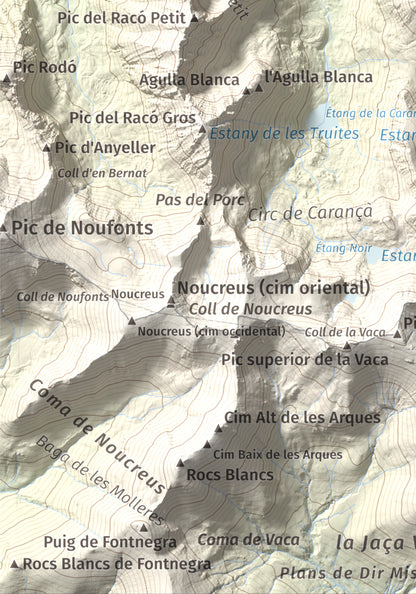 Mapa de relieve de Pic de Coma Mitjana, 2732 m, Conflent, lámina 100 Cims de Trobart. Detalle de la zona inferior izquierda. 21 × 30 cm.