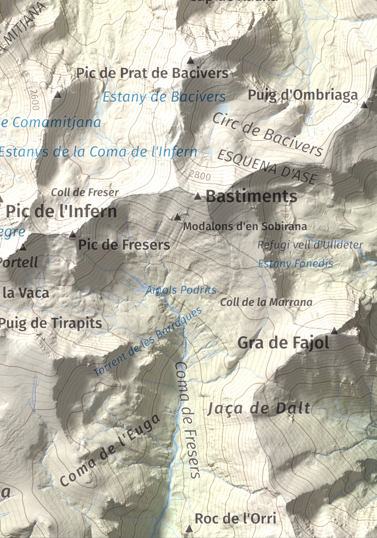 Mapa de relieve de Pic de Coma Mitjana, 2732 m, Conflent, lámina 100 Cims de Trobart. Detalle de la zona inferior derecha. 21 × 30 cm.