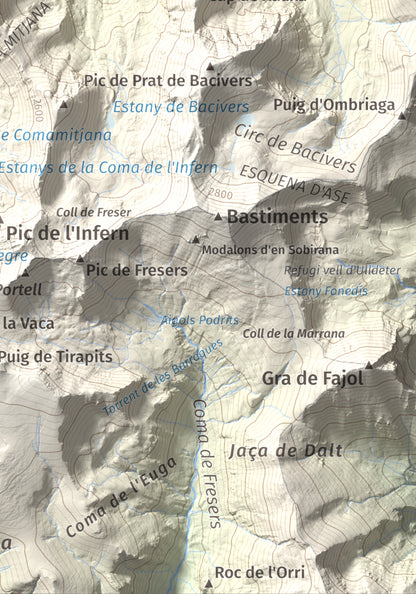 Mapa de relieve de Pic de Coma Mitjana, 2732 m, Conflent, lámina 100 Cims de Trobart. Detalle de la zona inferior derecha. 21 × 30 cm.
